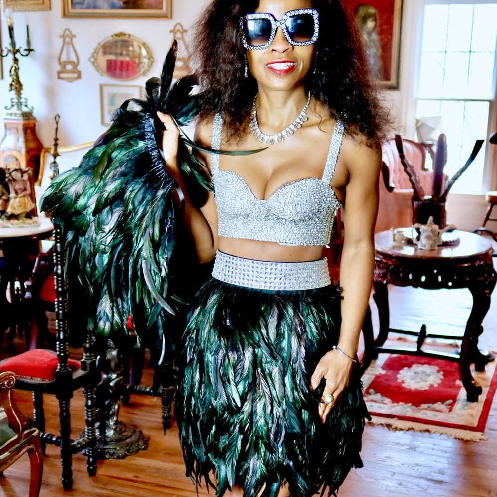 New Fab Custom black feather jacket & skirt set S